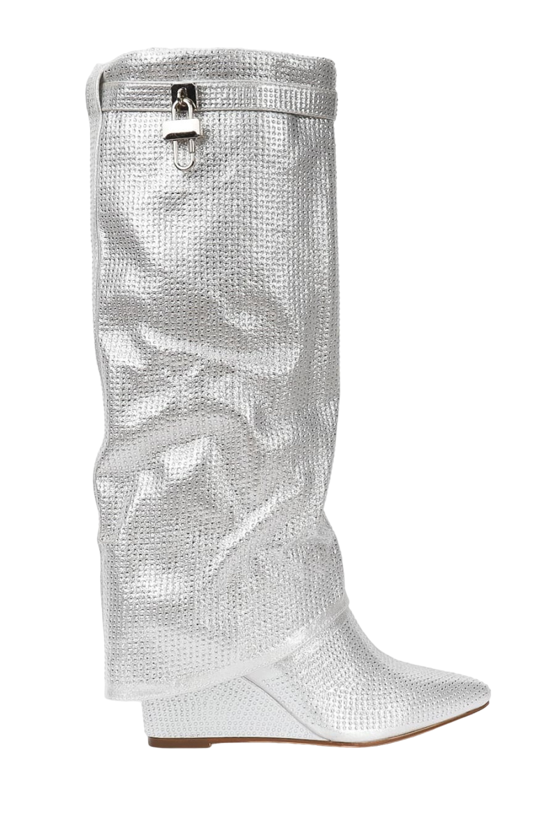 Silver Glitter Wedge Heeled Gaiters Boots